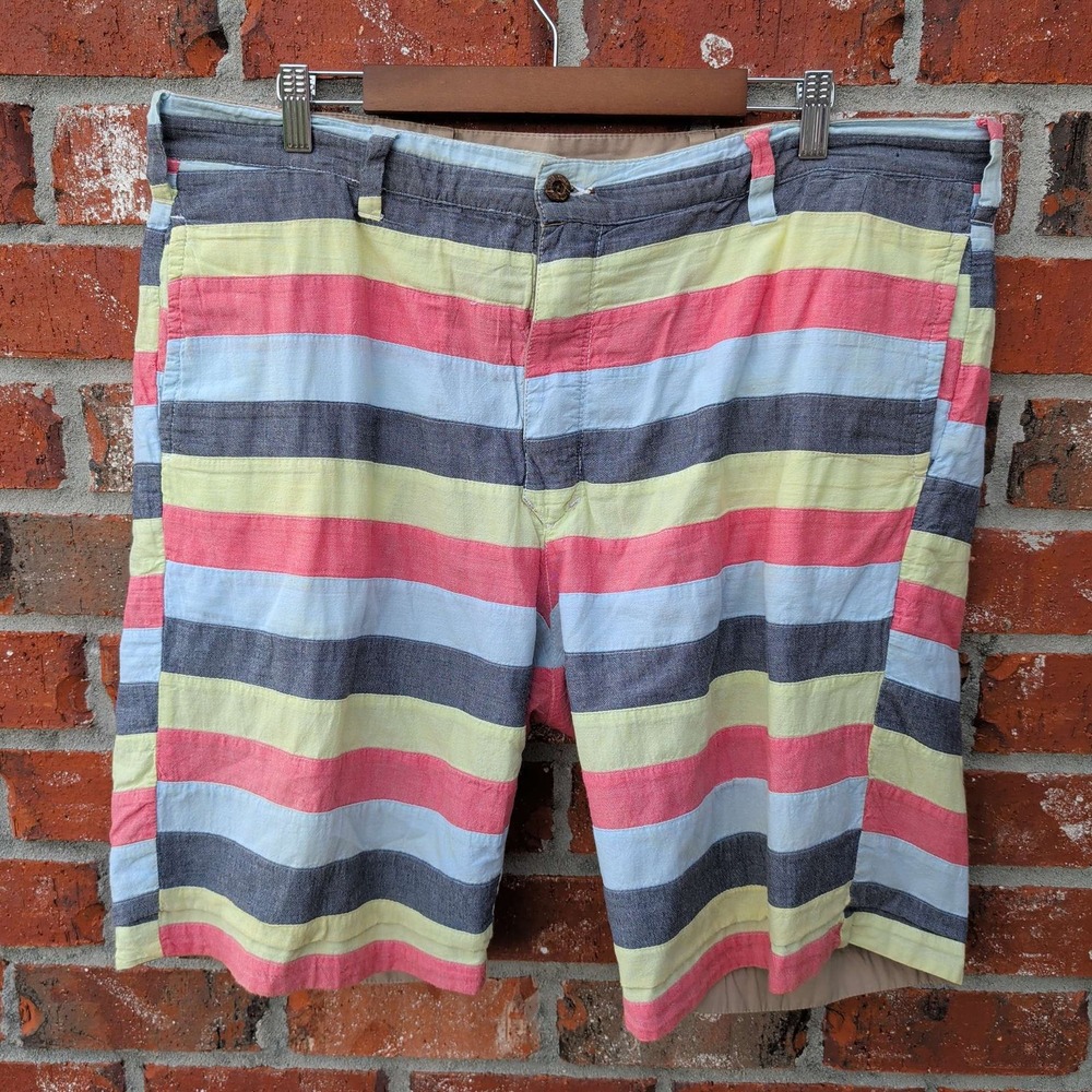 Vintage 1946 Reversible Shorts Mens 38 Khaki Tan Pink Yellow Blue Striped Chino